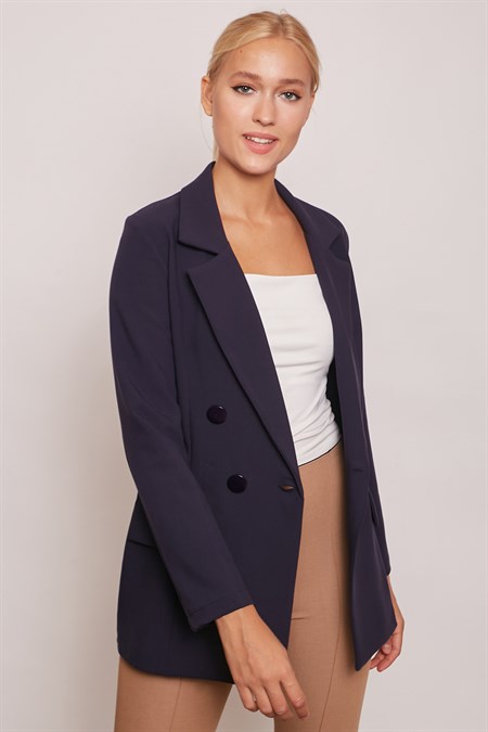 Kadın Düğme Detaylı Uzun Kol Şık Ofis Süs Cep Kapaklı Kumaş Blazer Ceket-Lacivert