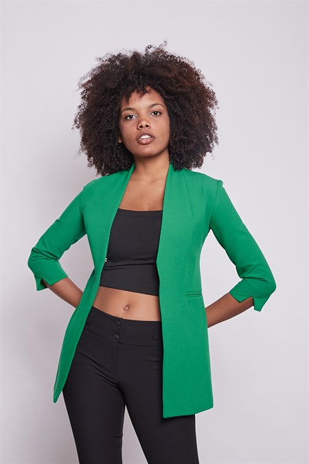 Hakim Yaka Flato Cepli Kolu Yırtmaçlı Uzun Blazer Pamuklu Likralı Kumaş Ceket-Benetton Yeşili