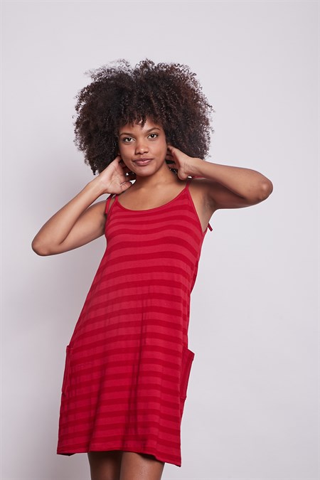 Kadın Batik Desenli Ayarlanabilir Askılı Kolsuz Likralı Cepli Elbise -İnce Kırmızı Çizgi