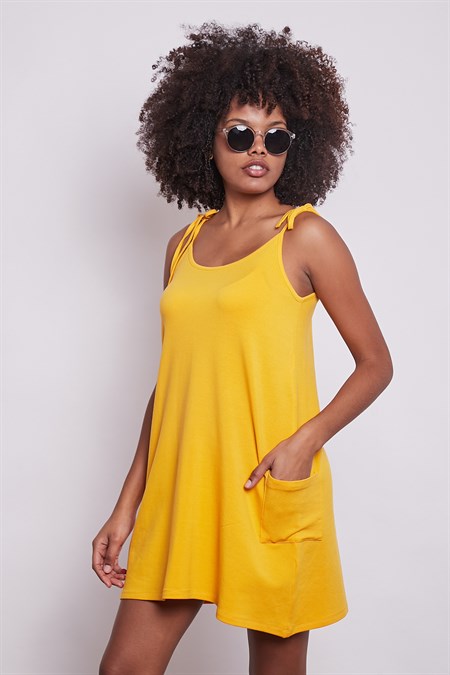 Kadın Batik Desenli Ayarlanabilir Askılı Kolsuz Penye Likralı Cepli Elbise -Sarı