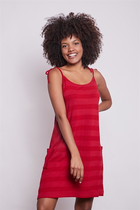 Kadın Batik Desenli Ayarlanabilir Askılı Kolsuz Penye Likralı Cepli Elbise -Kalın Kırmızı Çizgi