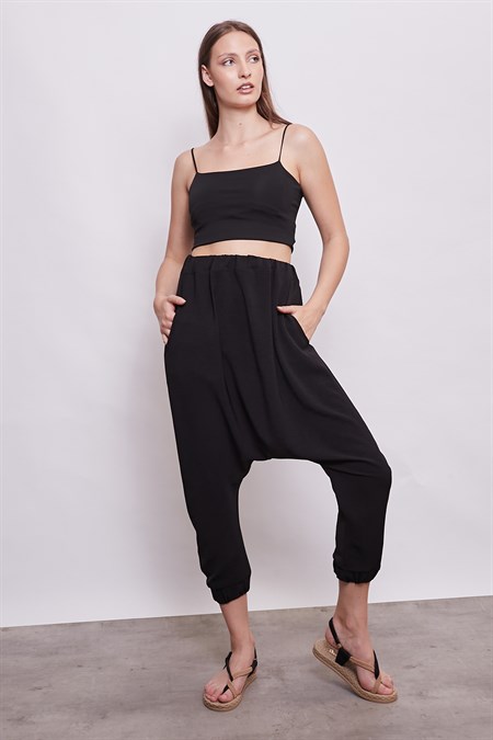 Kadın Beli ve Paçası Lastikli Cep Detaylı Şalvar Pantolon -Siyah 