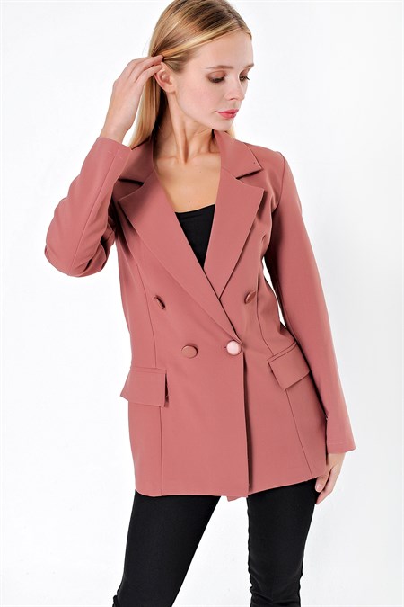 Kadın Düğme Detaylı Uzun Kol Şık Ofis Süs Cep Kapaklı Kumaş Blazer Ceket-Gül Kurusu