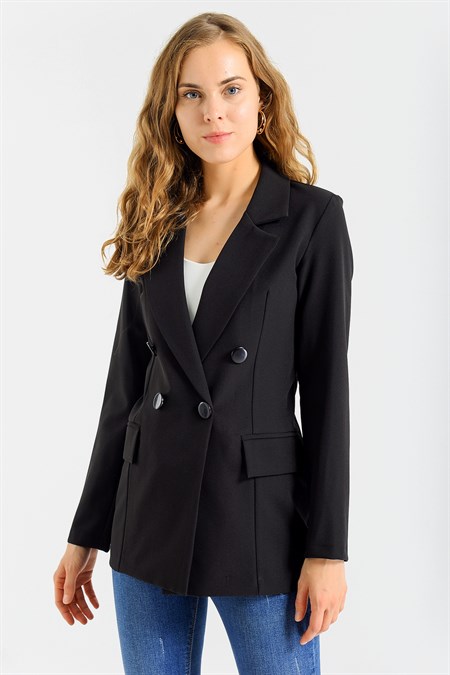 Kadın Düğme Detaylı Uzun Kol Şık Ofis Süs Cep Kapaklı Kumaş Blazer Ceket-Siyah