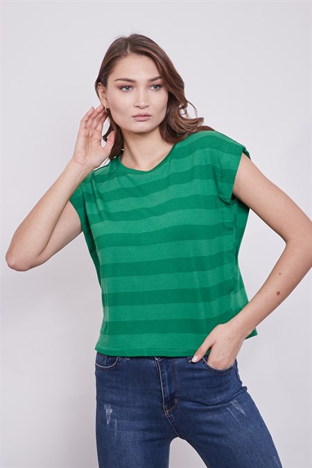 Kalın Çizgili Geniş Sıfır Yaka Düşük Omuz T--Shirt -Yeşil Çizgi