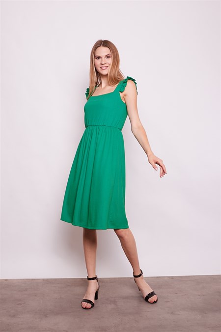 Kadın Kare Yaka Omuzları Fırfırlı Beli Büzgülü Elbise -B.Yeşil