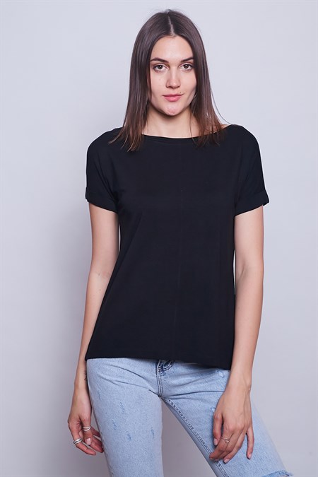 Kadın Kayık Yaka Düşük Omuzlu Duble Kol Tshirt-Siyah