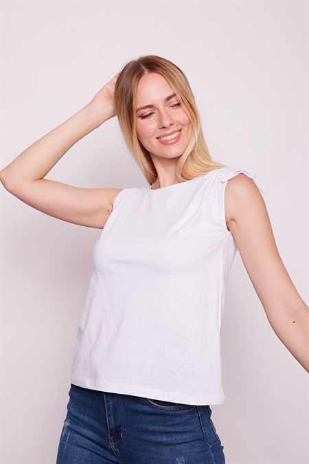 Likrasız Pamuk Kumaş Geniş Sıfır Yaka Omuzları Büzgülü Bağcıklı T-Shirt-Beyaz