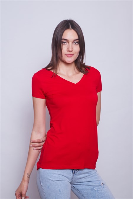 Kadın Ön Arka V Yaka Sırtı Çapraz Biyeli Penye Likralı Tshirt-Kırmızı