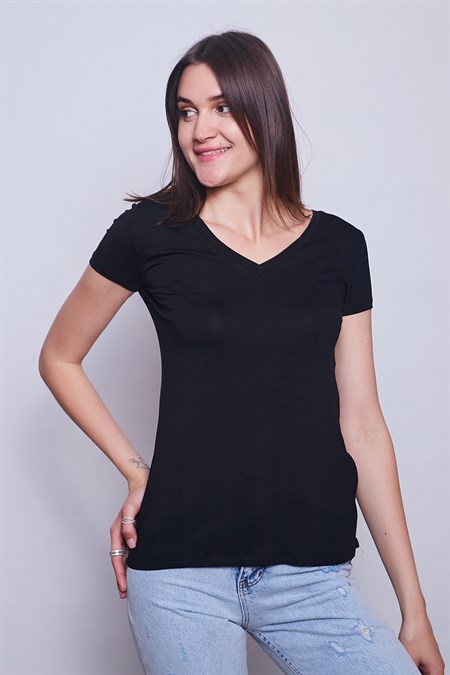 Kadın Ön Arka V Yaka Sırtı Çapraz Biyeli Penye Likralı Tshirt- Siyah