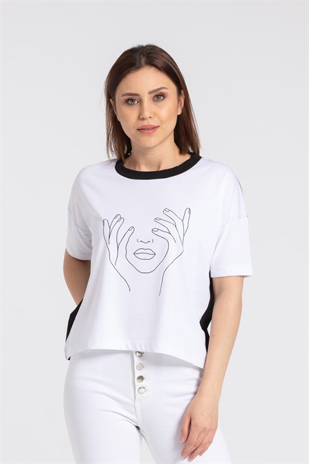 Kadın Yüz Baskılı Pamuklu Tshirt-Krem