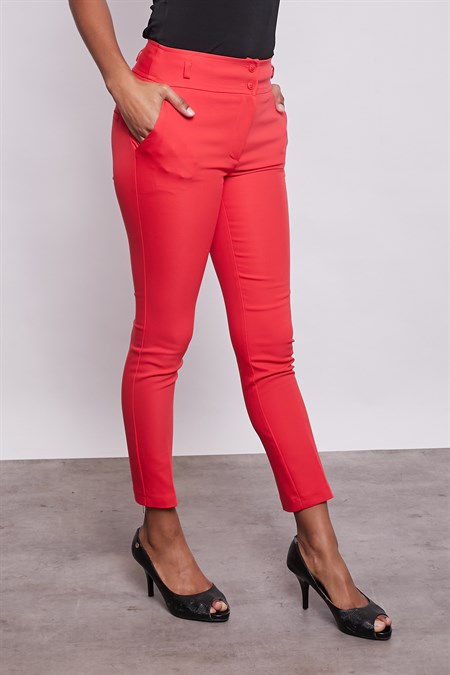 Yüksek Bel Kalın Kemerli Cepli Dar Paça Bilek Boy Pamuklu Likralı Kumaş Pantolon-Açık Kırmızı