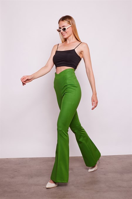 Yüksek Bel Likralı İspanyol Paça Kemeri Anvelop Detaylı Şık Pamuklu Kumaş Pantolon -B.Yeşil