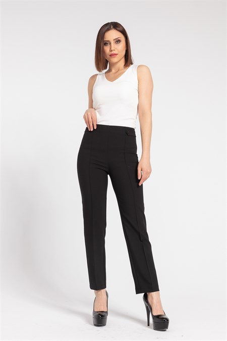 Kadın Yüksek Bel Önü Dikişli Beli Apoletli Düğmeli Boru Paça Kumaş Pantolon-Siyah 