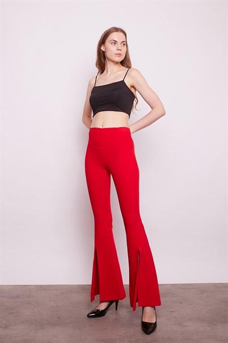 Kadın Yüksek Bel Önü Dikişli Yırtmaçlı İspanyol Paça Likralı Kumaş Pantolon -Kırmızı