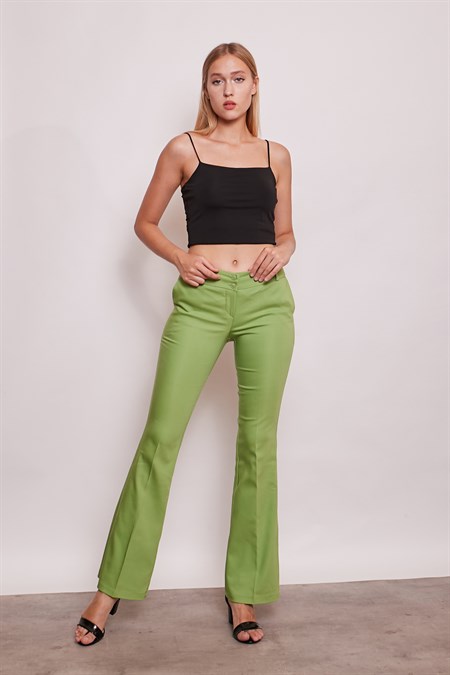 Kalın Kemerli Cepli İspanyol Bol Paça Likralı Kumaş Pantolon-Yağ Yeşili