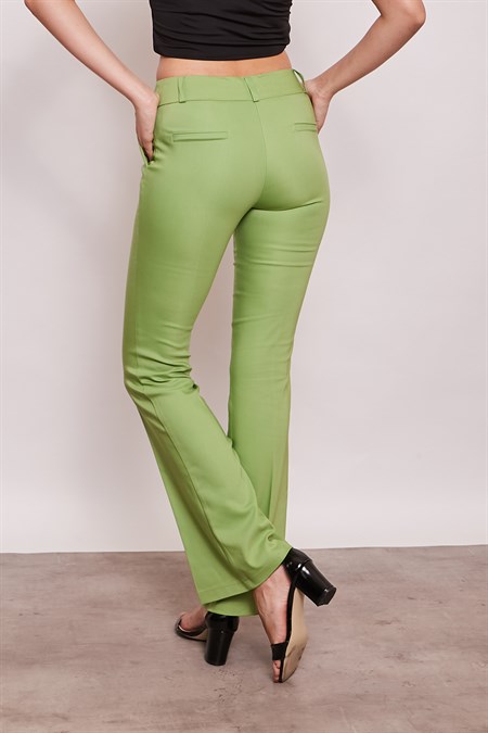 JUMENTKalın Kemerli Cepli İspanyol Bol Paça Likralı Kumaş Pantolon-Yağ Yeşili