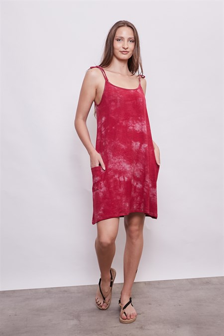 Kkadın Batik Desenli Ayarlanabilir Askılı Kolsuz Likralı Cepli Elbise - Kırmızı