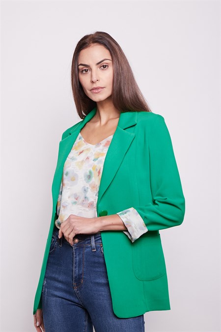 Yakalı Cepli Uzun Kol Kolu İsterse Katlanabilen Pamuklu Kumaş Blazer Ofis Ceket-B.Yeşil
