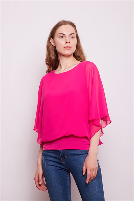 Düz Şifon Detaylı Kayık Yaka Yarasa Kol Likralı Bluz-Hot Pink
